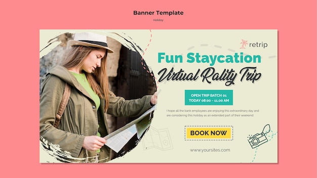 Modèle de bannière horizontale pour un voyage de vacances en réalité virtuelle