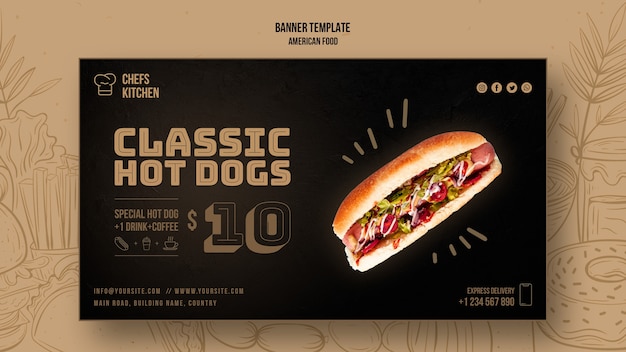 Modèle De Bannière De Hot Dogs Classique Américain