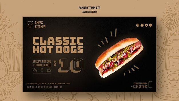 Modèle de bannière de hot dogs classique américain