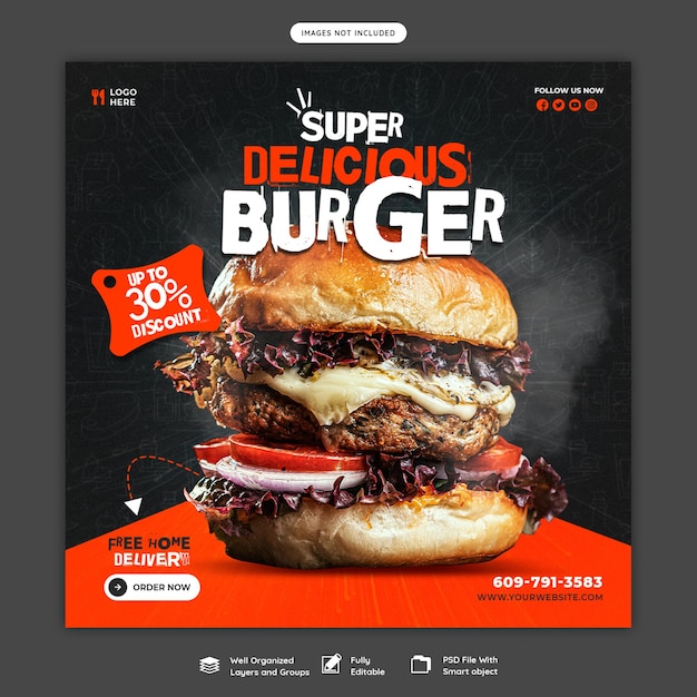 Modèle de bannière de médias sociaux délicieux burger et menu alimentaire