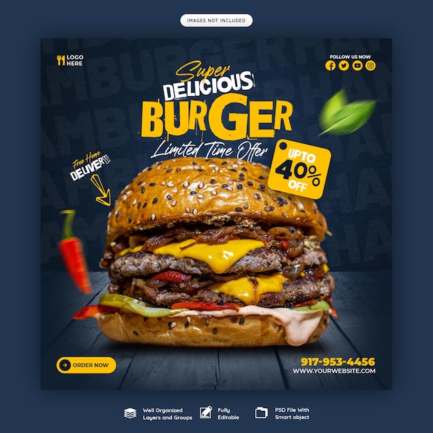 PSD gratuit modèle de bannière de médias sociaux délicieux burger et menu alimentaire