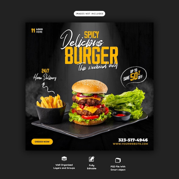 PSD gratuit modèle de bannière de médias sociaux de délicieux burger et menu alimentaire