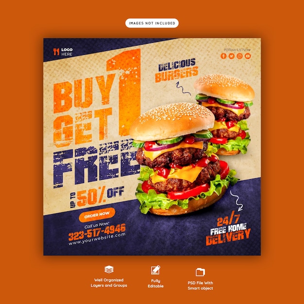 PSD gratuit modèle de bannière de médias sociaux délicieux burger et menu alimentaire