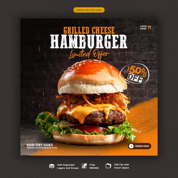 PSD gratuit modèle de bannière de médias sociaux délicieux menu burger et nourriture