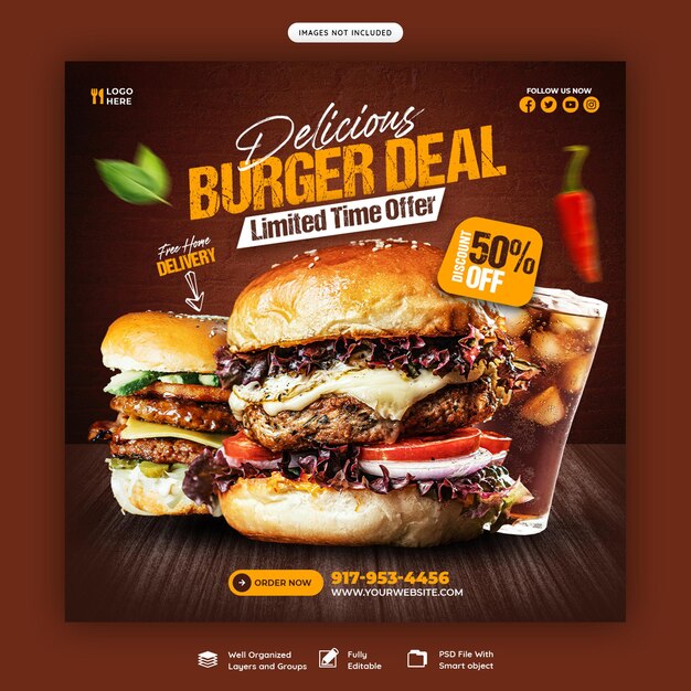 modèle de bannière de médias sociaux pour un délicieux menu de hamburgers et de nourriture