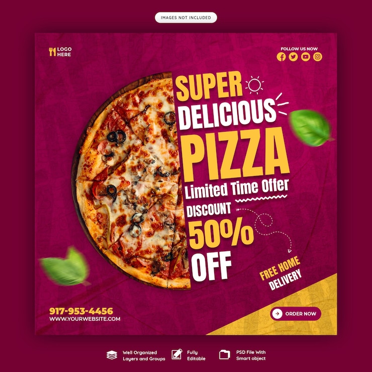 PSD gratuit modèle de bannière de médias sociaux pour le menu et la délicieuse pizza
