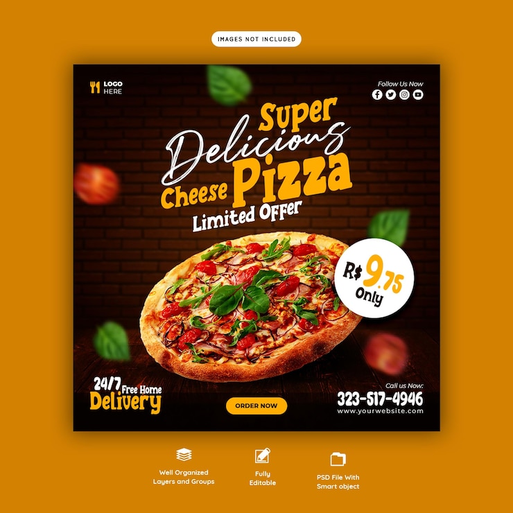 PSD gratuit modèle de bannière de médias sociaux pour le menu et la délicieuse pizza