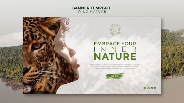 PSD gratuit modèle de bannière de nature sauvage femme et tigre