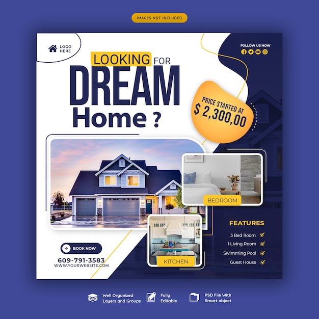 Modèle de bannière de poste Instagram ou de médias sociaux pour la propriété immobilière