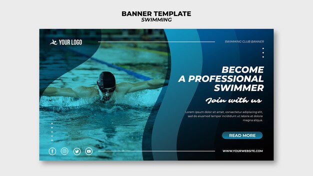 Modèle de bannière pour les cours de natation avec l'homme dans la piscine