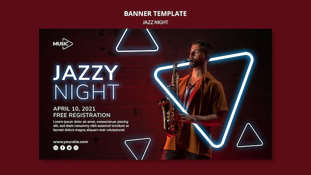 Modèle de bannière pour l'événement de nuit de jazz au néon