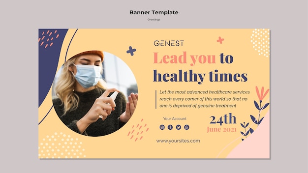 PSD gratuit modèle de bannière pour les soins de santé avec une femme portant un masque médical