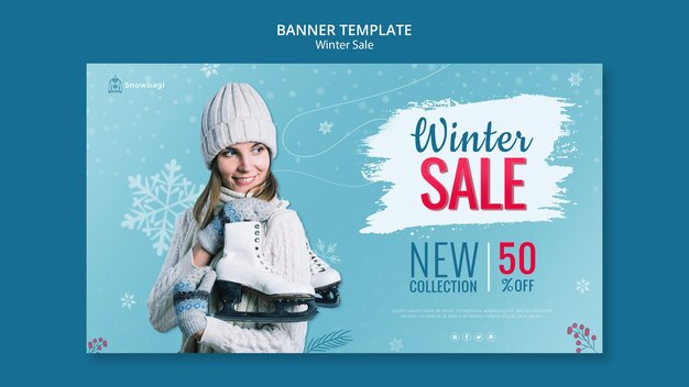 Modèle de bannière pour vente d'hiver avec femme et flocons de neige