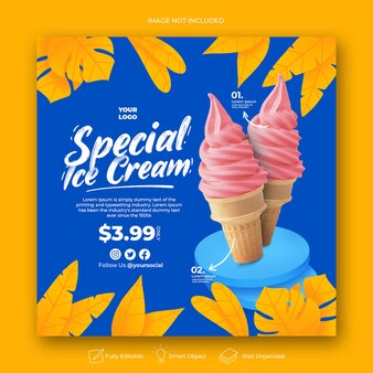 Modèle de bannière de publication instagram pour la promotion de la crème glacée sur les médias sociaux