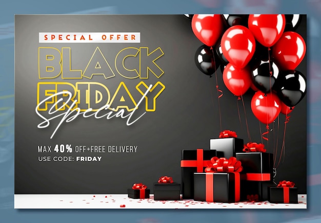PSD gratuit modèle de bannière de vente du vendredi noir avec des cadeaux et des ballons 3d