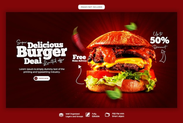 Modèle de bannière web délicieux menu burger et nourriture