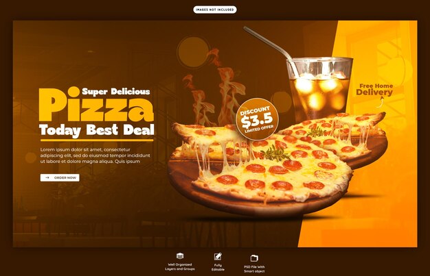 Modèle de bannière web de menu de nourriture et de délicieuse pizza
