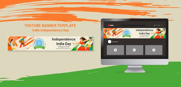 PSD gratuit modèle de bannière youtube de la fête de l'indépendance de l'inde avec des gens qui dansent et des couleurs de drapeau