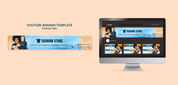 Modèle de bannière youtube de remise sur les ventes design plat