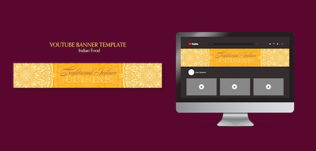 PSD gratuit modèle de bannière youtube de restaurant de cuisine indienne avec un design de mandala
