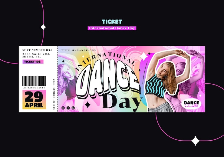 PSD gratuit modèle de billet pour la célébration de la journée internationale de la danse