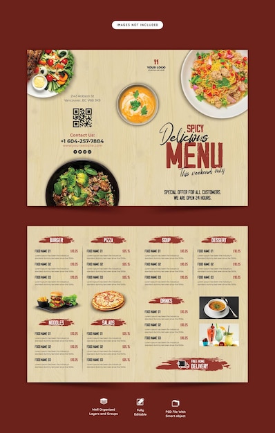 PSD gratuit modèle de brochure de menu de nourriture et de restaurant à deux volets