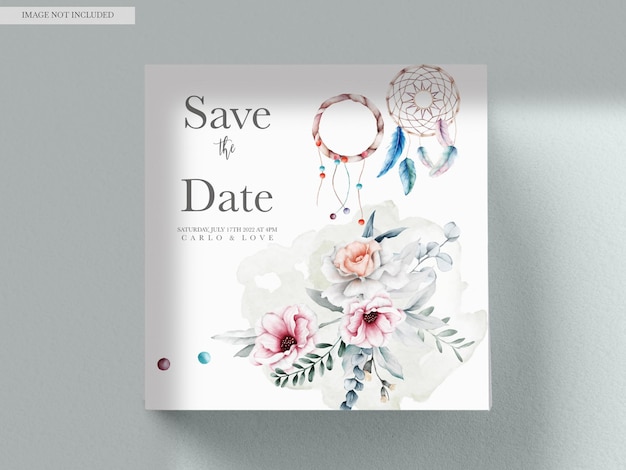 PSD gratuit modèle de carte d'invitation belle fleur et capteur de rêves