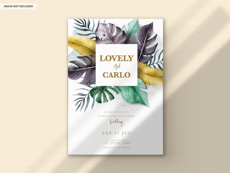 PSD gratuit modèle de carte d'invitation de feuilles tropicales aquarelle colorée