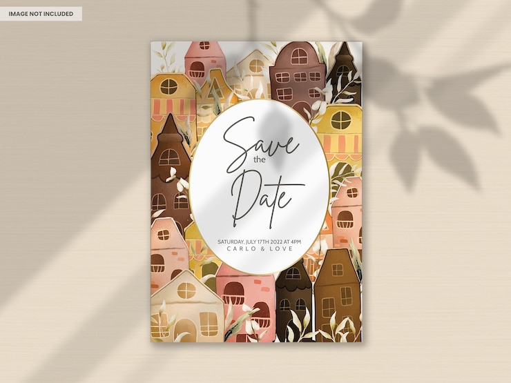 PSD gratuit modèle de carte d'invitation avec maison et feuilles vintage dessinées à la main
