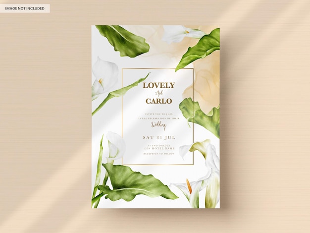 PSD gratuit modèle de carte d'invitation de mariage avec aquarelle de fleur de lis calla blanc