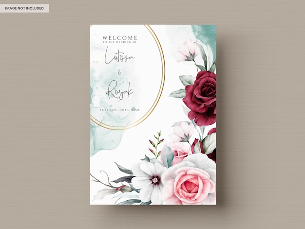 PSD gratuit modèle de carte d'invitation de mariage avec une belle aquarelle de couronne de fleurs