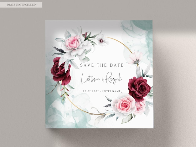 PSD gratuit modèle de carte d'invitation de mariage avec une belle aquarelle de couronne de fleurs