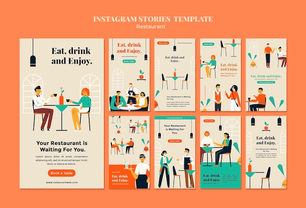 Modèle coloré d'histoires instagram de restaurant