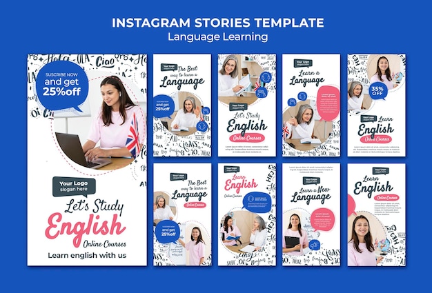 PSD gratuit modèle de conception d'histoires instagram d'apprentissage des langues