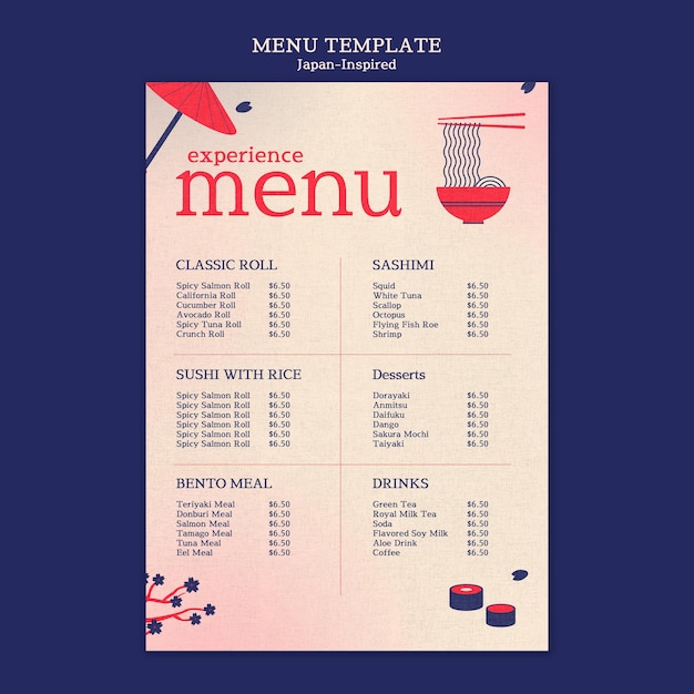 PSD gratuit modèle de conception de menu inspiré du japon