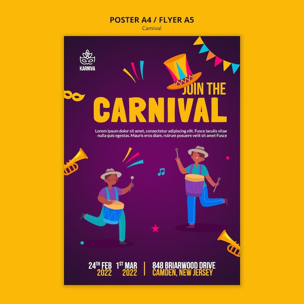 PSD gratuit modèle de conception plate d'affiche ou de flyer de carnaval