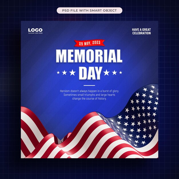 Modèle de conception de publication sur les médias sociaux du Memorial Day of the USA avec drapeau américain