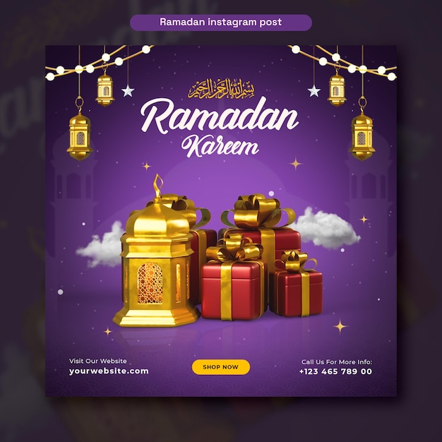 PSD gratuit modèle de conception de publication sur les réseaux sociaux ramadan kareem avec lanterne dorée et boîte-cadeau