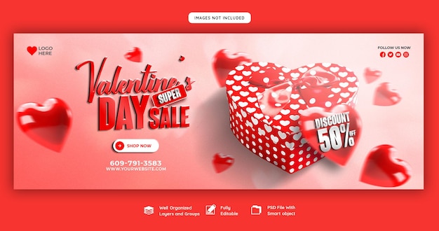 PSD gratuit modèle de couverture facebook et de publication sur les réseaux sociaux pour la vente à prix réduit de la saint-valentin