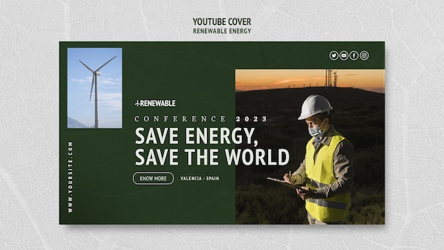 Modèle de couverture youtube d'énergie renouvelable et durable