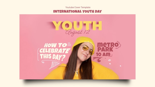 PSD gratuit modèle de couverture youtube de la journée internationale de la jeunesse avec une adolescente