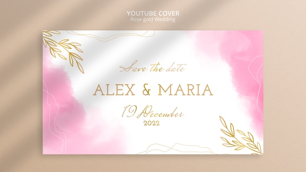 PSD gratuit modèle de couverture youtube de mariage en or rose aquarelle