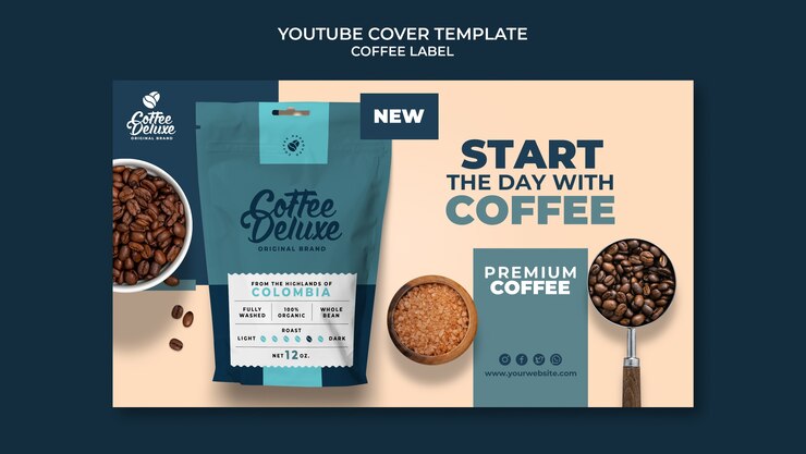 PSD gratuit modèle de couverture youtube pour l'étiquette du café