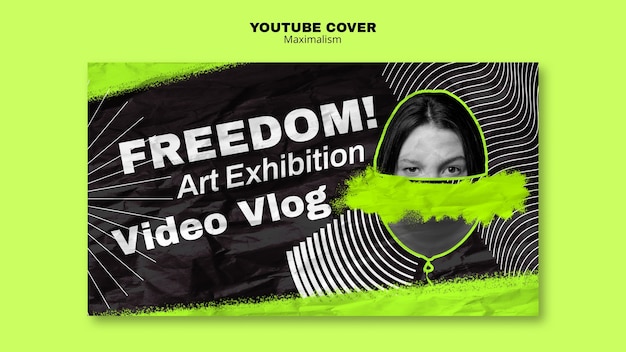 PSD gratuit modèle de couverture youtube pour une exposition d'art dans un style maximaliste