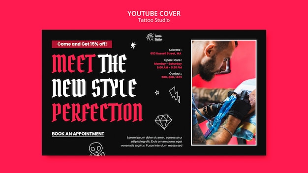 Modèle de couverture youtube pour studio de tatouage