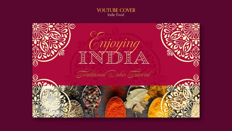 PSD gratuit modèle de couverture youtube de restaurant de cuisine indienne avec un design de mandala