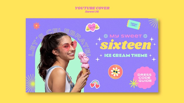 Modèle de couverture youtube Sweet 16 avec thème de la crème glacée
