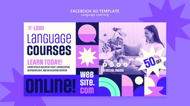 PSD gratuit modèle facebook d'apprentissage de la langue de conception plate