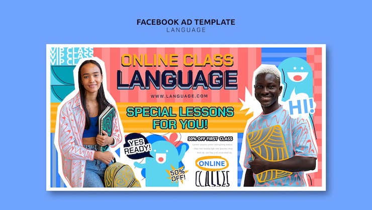 PSD gratuit modèle facebook d'apprentissage de la langue de conception plate