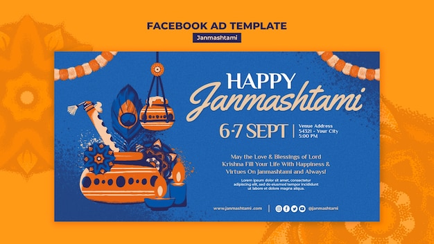 PSD gratuit modèle facebook de célébration janmashtami dessiné à la main